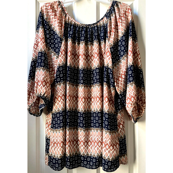 Wallpapher Three Quarter Sleeve Boho Chic Scoop Neck Lace Tie Flowy Blouse 1X - Picture 2 of 6